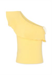 Top giallo al di fuori delle spalle con dettaglio di volant, realizzato in materiale morbido e elasticizzato. Design aderente con texture a coste e fiocco laterale.