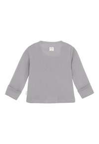 Grijze babyshirt met lange mouwen en geribbelde stof, met omgeslagen manchetten en een klein label met een glimlachend gezicht op de achterkant van de halslijn.