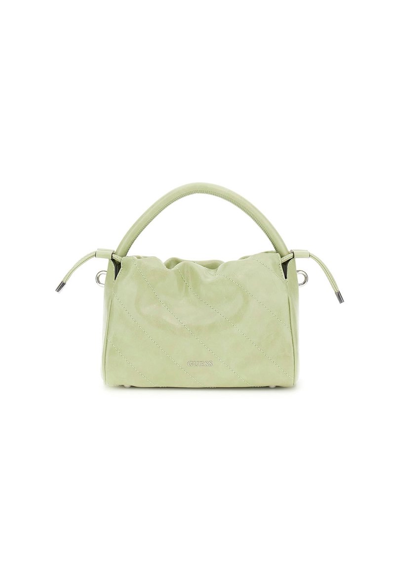 Borsa a tracolla trapuntata di colore verde chiaro, con manico arrotondato, parte superiore arricciata e dettagli in metallo di tonalità argento. Realizzata in materiale morbido con una finitura liscia.