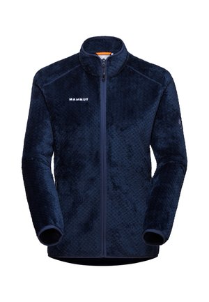 Navy Fleecejacke mit geometrischer Textur, durchgehendem Reißverschluss, hohem Kragen und Front-Logo. Verfügt über dehnbare Bündchen und ein weiches, plüschiges Material.