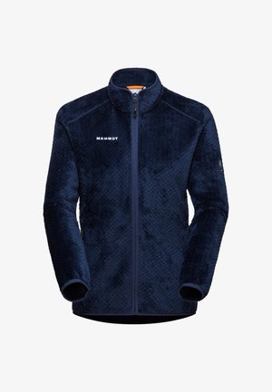 Giacca in pile navy con texture geometrica, zip completa, colletto alto e logo frontale. Presenta polsini elasticizzati e un materiale morbido e peloso.