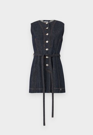 Sleeveless dark denim dress with front button closure, orange stitching, a waist tie belt, and a round neckline.