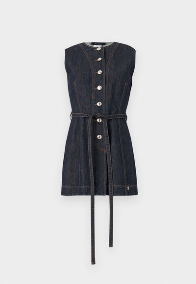 Sleeveless dark denim dress with front button closure, orange stitching, a waist tie belt, and a round neckline.