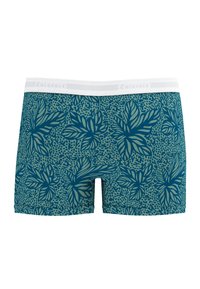 Boxer-briefs teal avec un motif floral dans des teintes plus foncées. Présente une ceinture élastique blanche avec le logo "Eminence".