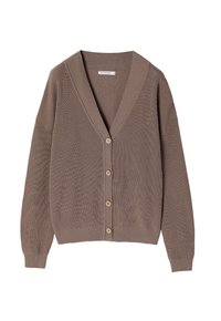 Lichtbruine cardigan met een geribbelde textuur, brede V-hals en zes houten knopen aan de voorkant. Losvallende mouwen en zoomdetails.