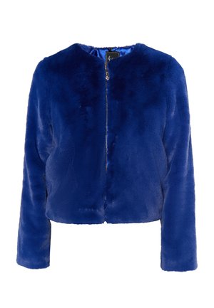 Giacca corta in pelliccia sintetica blu con scollo rotondo e maniche lunghe; presenta una chiusura frontale con zip e una consistenza morbida e liscia.