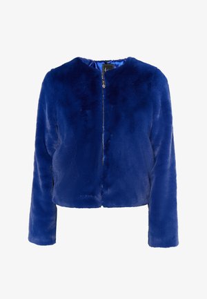 Giacca corta in pelliccia sintetica blu con scollo rotondo e maniche lunghe; presenta una chiusura frontale con zip e una consistenza morbida e liscia.