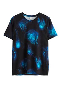 Kortærmet sort T-shirt med et blåt vandmandmønster, blød tekstur og rund halsudskæring for komfort.