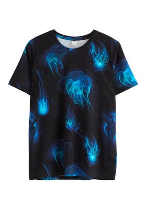 Kortærmet sort T-shirt med et blåt vandmandmønster, blød tekstur og rund halsudskæring for komfort.