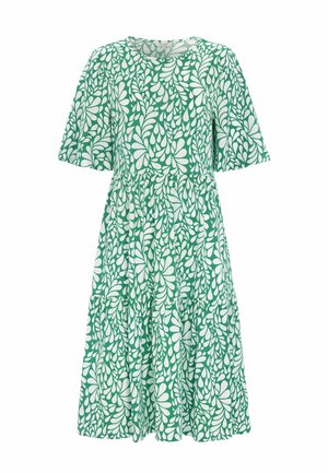 Grünes und weißes knielanges Kleid mit kurzen Ärmeln und einem fließenden blattähnlichen Muster, mit tailliertem Bund und gestuftem Rock.