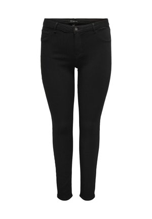 Mustad kitsad teksapüksid ees oleva nööbi ja luku, vööaasade ning ees- ja tagataskutega, valgel taustal esitatud.