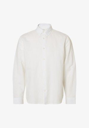 Weißes langärmeliges Hemd mit Knopfleiste, spitzem Kragen und geknöpften Manschetten, präsentiert vor einfachem Hintergrund.