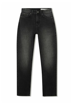 Jeans neri a vita alta slim fit con tasche anteriori, passanti per cintura, chiusura con bottone e leggeri segni di scolorimento lungo le cosce e le ginocchia.