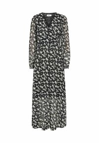 Robe maxi en tissu noir transparent avec un motif abstrait blanc, dotée de longues manches bouffantes et d'un décolleté en V, mettant en valeur une silhouette fluide.