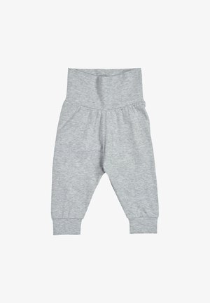 Pantalon pour tout-petit en coton gris avec une large ceinture élastique, des jambes fuselées et des poignets côtelés. Tissu doux, léger avec une texture lisse.
