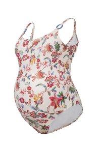 Materniteit zwemoutfit met bloemenpatroon in crèmekleur met kleurrijke bloemen, ribbeltextuur, verstelbare schouderbanden en een bescheiden uitsnede aan de achterkant.