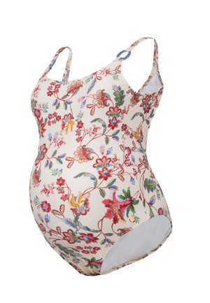 Floral-patterned maternity swimsuit in cream with colorful flowers, ribbed texture, adjustable straps, and a modest cut at the back.