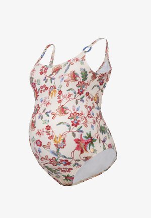 Blumenmuster-Schwimmanzug für Schwangere in Creme mit bunten Blumen, geripptem Stoff, verstellbaren Trägern und einem bescheidenen Schnitt im Rücken.