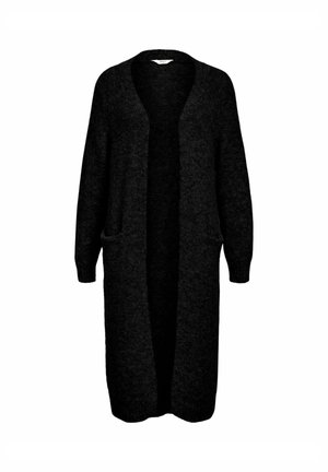 Langer schwarzer Cardigan aus strukturiertem Stoff, mit offenem Vorderteil, zwei seitlichen Taschen und langen Ärmeln. Einfaches, minimalistisches Design.