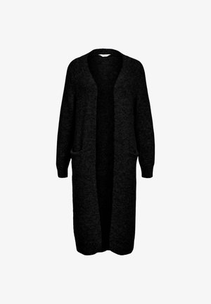 Długi czarny kardigan wykonany z teksturowanej tkaniny, z otwartym przodem, dwoma bocznymi kieszeniami i długimi rękawami. Prosty, minimalistyczny design.