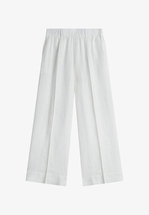 Witte broek met wijde pijpen, een elastische tailleband en plooien aan de voorkant, gemaakt van lichtgewicht stof, getoond op een effen witte achtergrond.