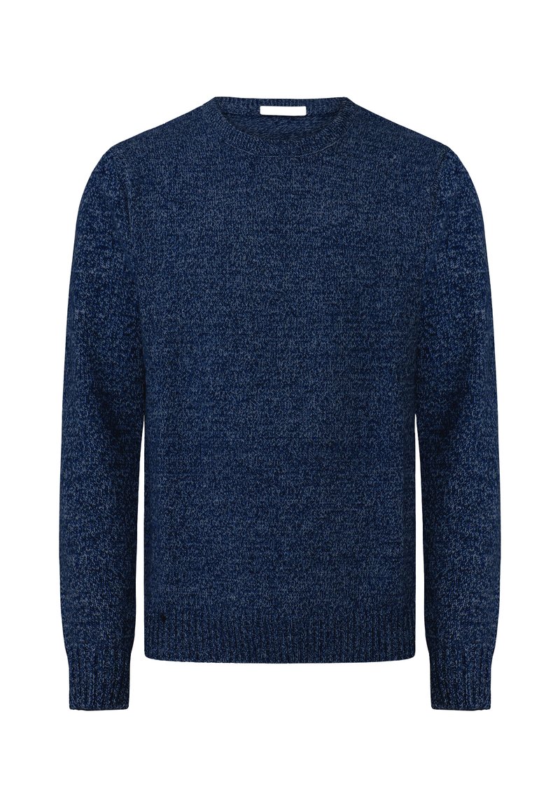 Maglione lavorato a maglia blu navy con scollatura a girocollo, maniche lunghe e un motivo a trame. Materiale morbido, design casual e polsini a costine.