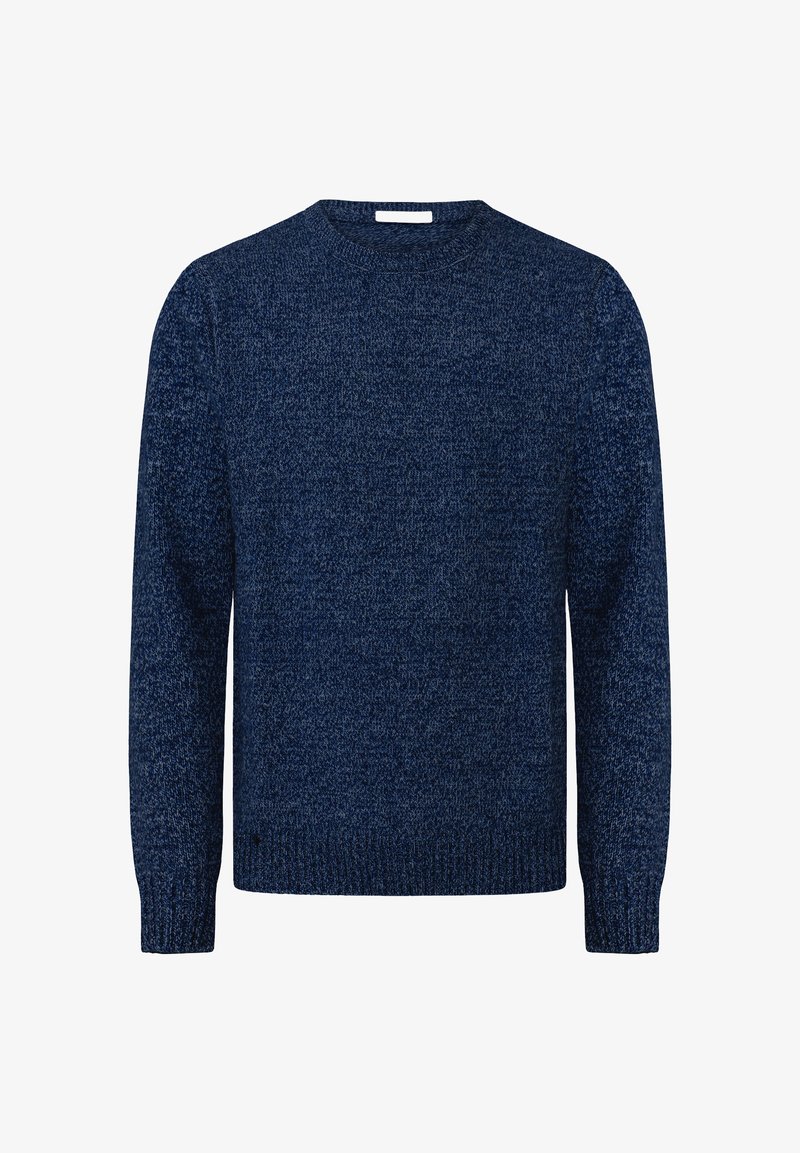 Marineblauer Strickpullover mit Rundhalsausschnitt, langen Ärmeln und strukturiertem Muster. Weiches Material, lässiges Design und gerippte Bündchen.