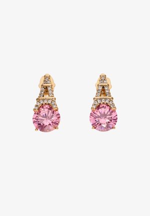 Arany színű fülbevalók rózsaszín, kerek kristállyal és texturált tetejével, amelyet tiszta kövek díszítenek egy A-alakú formában.