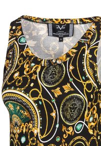 Zwarte tanktop met goud- en groentint sierlijke kettingpatronen, leeuwmotieven en een geribbeld textuur. Gemaakt van stretchy materiaal. Maat S.