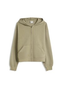 Olive green zip-up hoodie made of soft fabric. Features a front pocket and a drawstring hood. Long sleeves with ribbed cuffs.