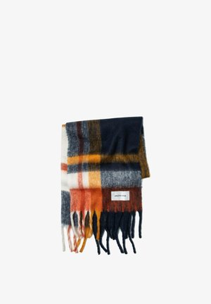 Wool-blend scarf in a checkered pattern with navy, burnt orange, gray, and cream colors; features fringed edges and a brand tag.