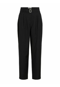 Zwarte broeken met een hoge taille, plooien en een riem met een rechthoekige gesp. Gemaakt van een gladde stof met een getailleerde pasvorm.