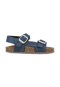 Sandal in tessuto blu con due cinturini regolabili a fibbia, una soletta in sughero e una suola esterna in gomma testurizzata. Design leggero e aperto.
