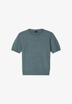 Sweter z krótkim rękawem, dzianinowy, w kolorze zielonym. Posiada okrągły dekolt, prążkowany dół oraz mały ozdobny detal z przodu. Miękka tekstura.