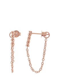 Orecchini in oro rosa caratterizzati da un design attorcigliato, con chiusura a farfalla e un accento a catena. Texture liscia con una finitura lucida.