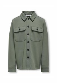 Camicia verde oliva con bottoni, dotata di due tasche sul petto, bottoni neri e colletto. Realizzata in materiale testurizzato con maniche lunghe.