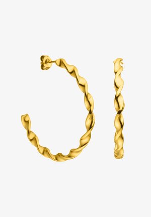 Boucles d'oreilles anneaux torsadés en or avec une finition polie, l'une vue de face et l'autre de côté.