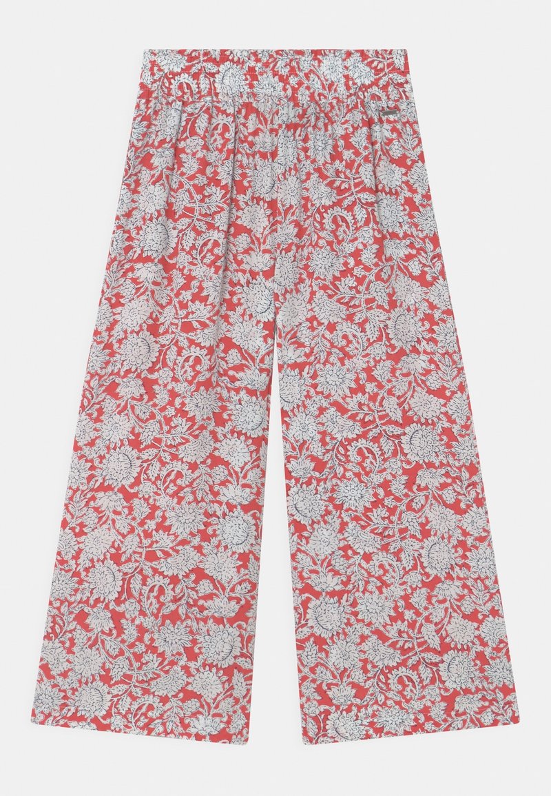 Rode wijde broek met witte bloemenprint en een elastische tailleband.