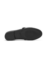 Suela de zapato de cuero negro con un acabado texturizado, forma redondeada y sutil impresión del logo. Bordes suaves con agarre adicional para una mejor tracción.