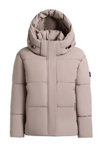 Steppjacke in hellem Beige mit hohem Kragen, elastischen Kordelzügen und gesteppter Steppung für Wärmeisolierung.