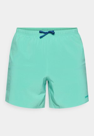 Τιρκουάζ μαγιό με ελαστική μέση και μπλε κορδόνι. Λείο ύφασμα, μήκος έως το γόνατο, με μικρή λεπτομέρεια λογότυπου στο πλάι.