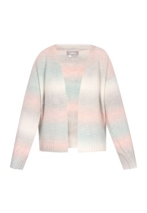 Neulejakku, jossa on rento malli, V-kaula-aukko ja pastelliväriset liukuvärjätyt raidat vaaleanpunaisena ja akvamarin sinisenä valkoisella taustalla. Resorit hihansuissa ja helmassa.