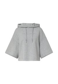 Gray cropped hoodie made of soft fabric, featuring a hood, wide sleeves, adjustable drawstrings, and embossed logo on the front.