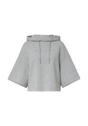 Szara, krótką bluza z kapturem, wykonana z miękkiego materiału, z szerokimi rękawami, regulowanymi sznurkami i wytłoczonym logo z przodu.