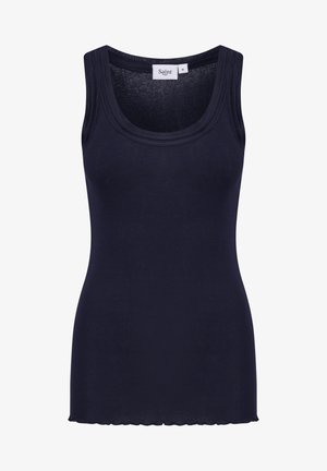 Camiseta de tirantes de canalé en azul marino con escote redondo y bajo con volantes. Confeccionada en una tela suave, presenta un diseño ajustado y sin elementos visibles de metal.