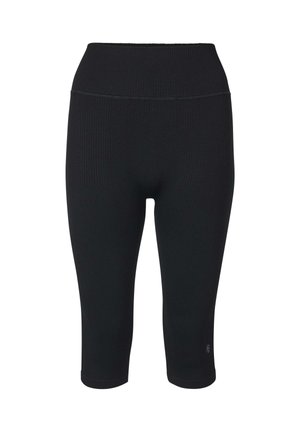 Black ribbed high-waist mid-calf leggings with elastic waistband and small reflective logo near left hem.