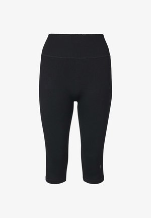 Black ribbed high-waist mid-calf leggings with elastic waistband and small reflective logo near left hem.