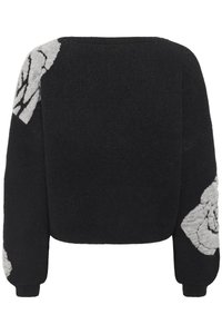 Black knit sweater with oversized sleeves featuring large textured grey floral patterns on shoulders and cuffs.