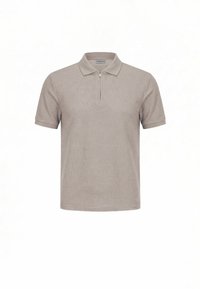 Bež kratki rukavi polo majica s teksturiranim tkaninom i kratkim prednjim patentnim zatvaračem ispod ovratnika, prikazana na bijeloj pozadini.