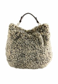 Vekotasku made of faux fur, jossa on beige pohja ja mustapilkullinen kuvio, raskaampi muotoilu ja ruskeat nahkahändyt kultaisilla yksityiskohdilla.